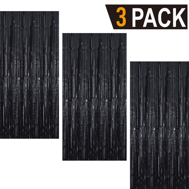GOER 3.2 ft x 9.8 ft Metallic Tinsel Foil Fringe Curtains Party Photo Backdrop Party Streamers for Halloween,Birthday,Graduation,New Year Eve Decorations Wedding Decor (3 Packs,Black) - Image 2